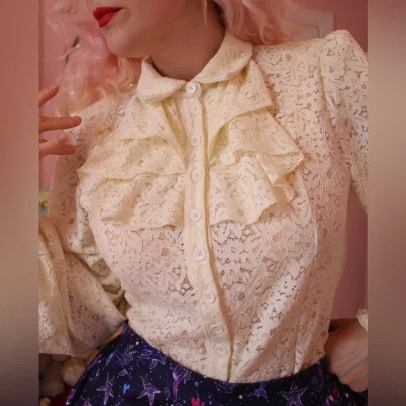 Smak Parlour Vintage Lace Ruffle Blouse sz L - Picture 5 of 6
